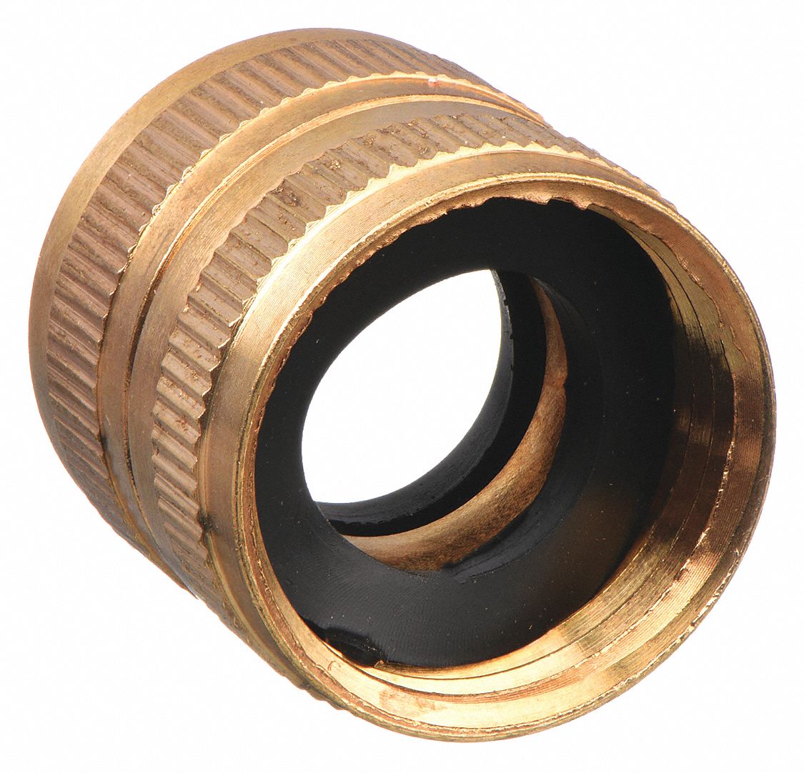 GARDEN HOSE ADAPTER, ¾ X ¾ IN FITTING, FEMALE X FEMALE, SWIVEL, 1 IN OVERALL L, BRASS