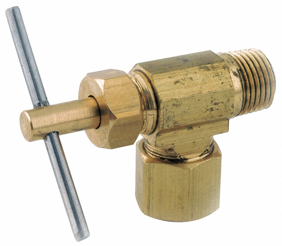 NEEDLE VALVE, ANGLE VALVE BODY, BRASS, ⅜ IN PIPE, COMPRESSION X MNPT, MALE