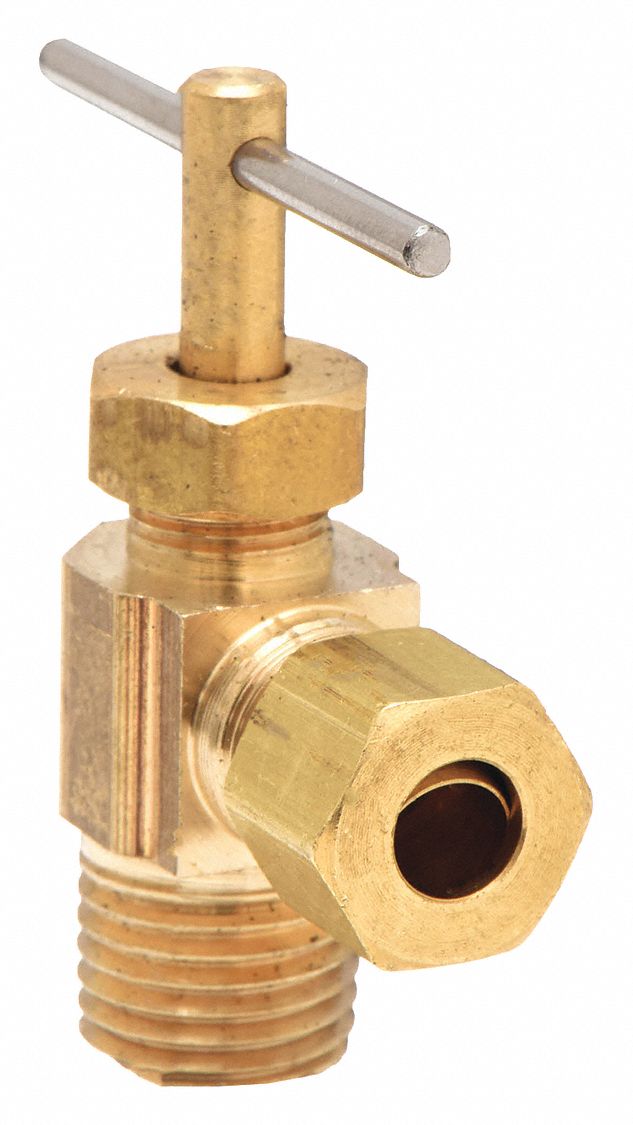 NEEDLE VALVE, ANGLE VALVE BODY, BRASS, ¼ IN PIPE, COMPRESSION X MNPT, MALE