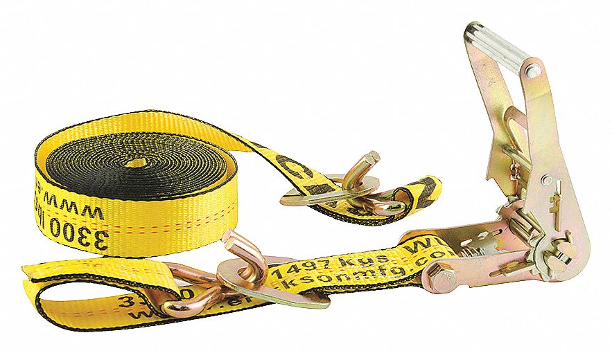 RATCHET STRAP, J HOOK, D-RING, BREAK 10000 LB, LOAD 3300 LB, YELLOW, 20 FT X 2 IN