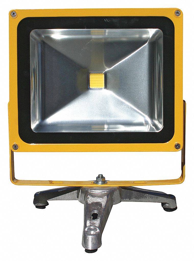 FLOODLIGHT, LED, RECHARGEABLE W/STAND, IP 54, 50,000 HR, 120 V, 30 W, YELLOW, TEMPERED GLASS, AL