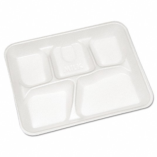 Disposable Cafeteria Tray: Foam, White, 5 Compartments, Patternless, 500 PK