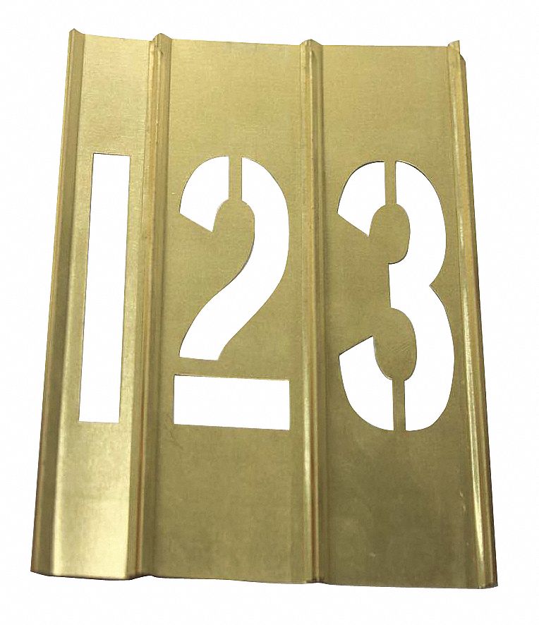 Stencil Set: 0 to 9/Dash (-)/Period (.), 1 1/2 in Character Ht, Brass, Interlocking
