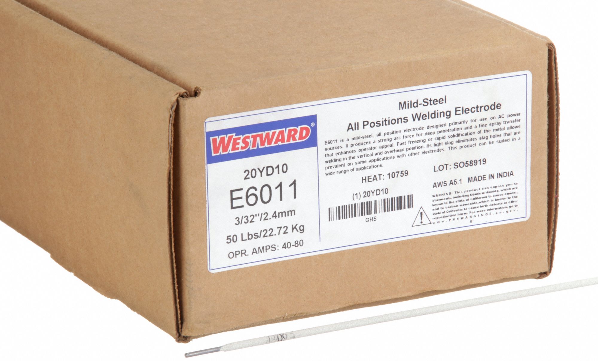 Stick Electrode: Carbon Steel, E6011, 3/32 in x 14 in, 50 lb