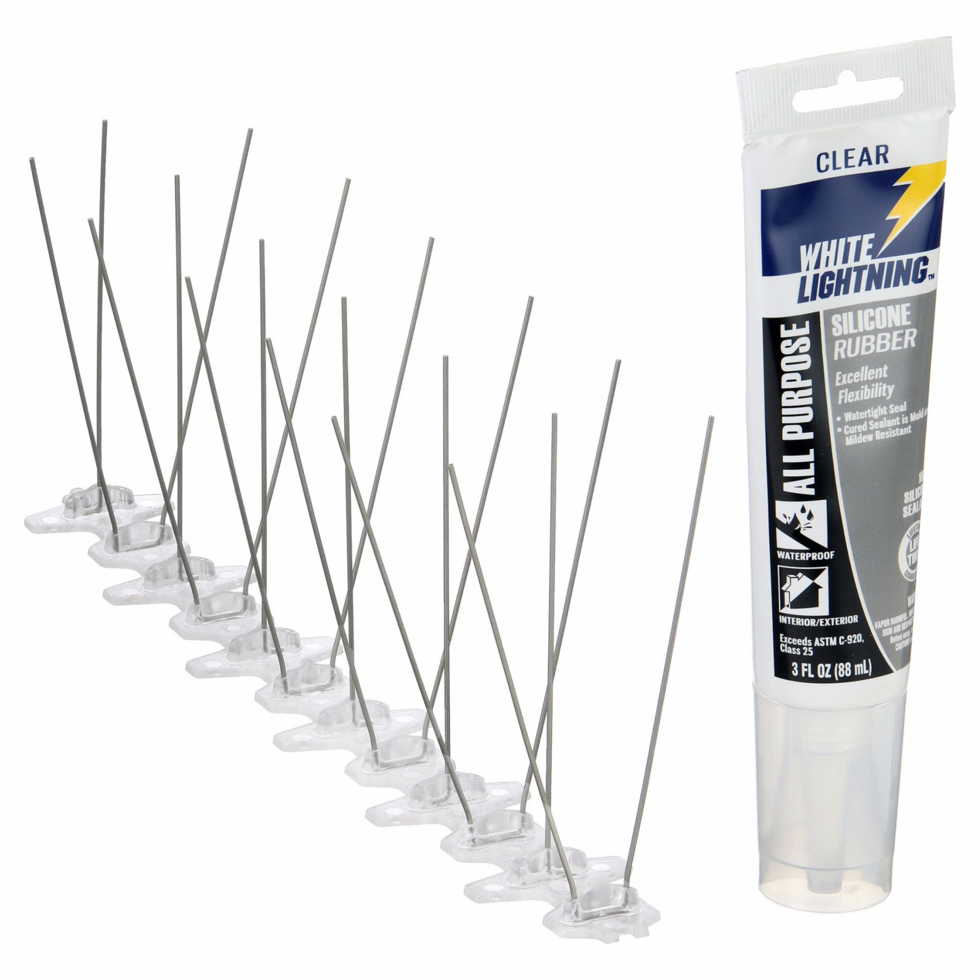 Bird Repellent Spikes: Narrow, Plastic Base, Silver, 10 ft Overall Lg