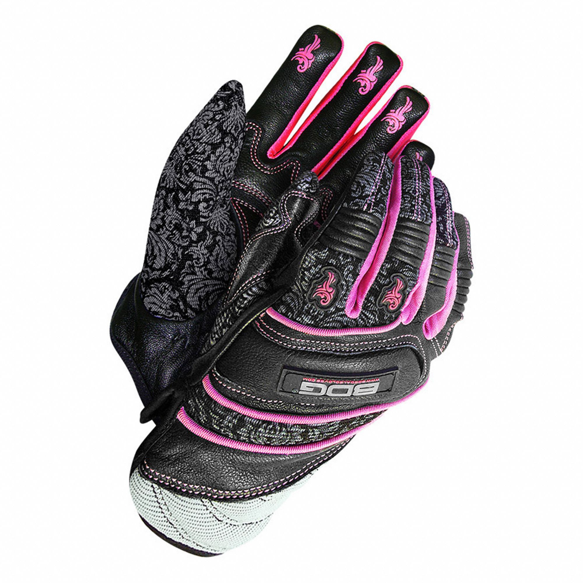 LADIES SLIP-ON GLOVES, PADDED, FULL FINGER, ROLLED CUFF, SIZE L, PINK/BLACK, GOATSKIN/SPANDEX
