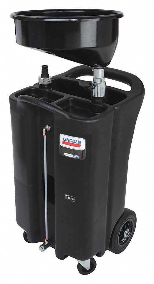 FLUID DRAIN, W/ CAMLOCK/CASTERS/WHEELS, CHEM-RESIST, BLACK, 22 3/8 X 26 X 79 IN, 98 L/26 GAL CAP, PE