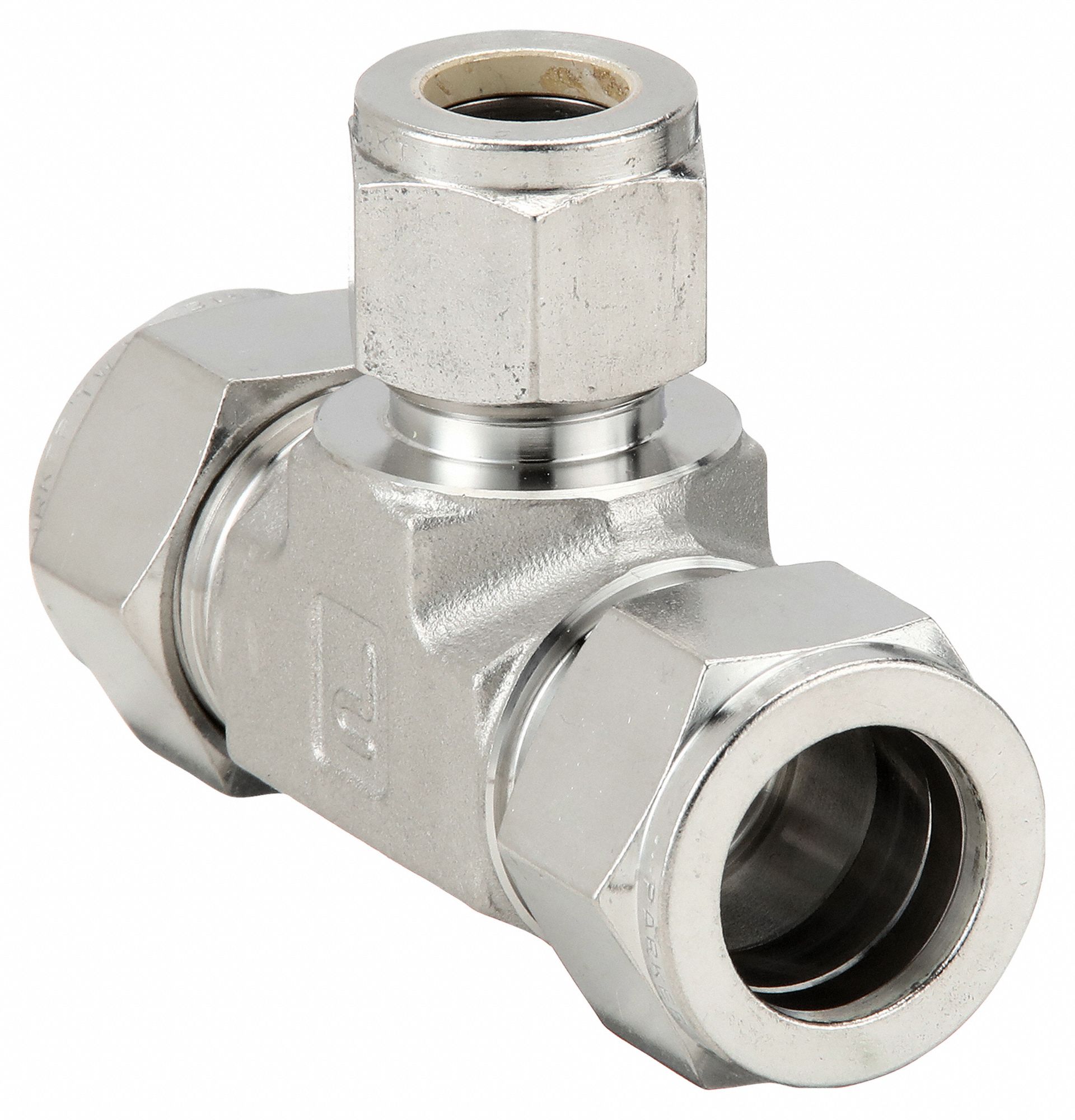 Compression Tee Fitting: 3/4 in OD x 3/4 in OD x 1/2 in OD Fitting Size, Stainless Steel