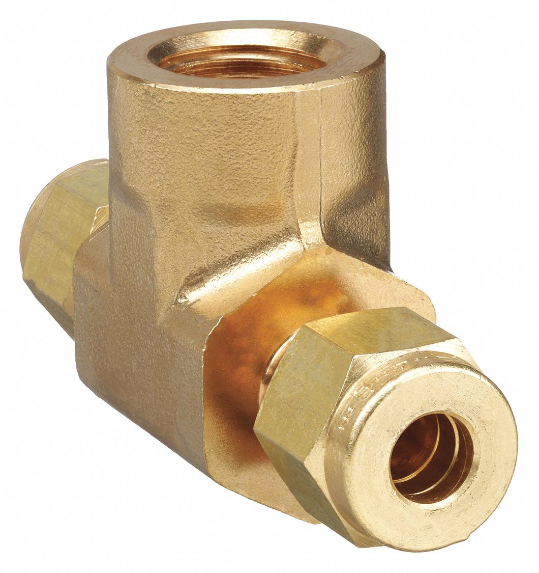 Compression Tee Fitting: 1/4 in OD x 1/4 in OD x 1/4 in Pipe Size, Brass, 1/4"-18 Thread Size
