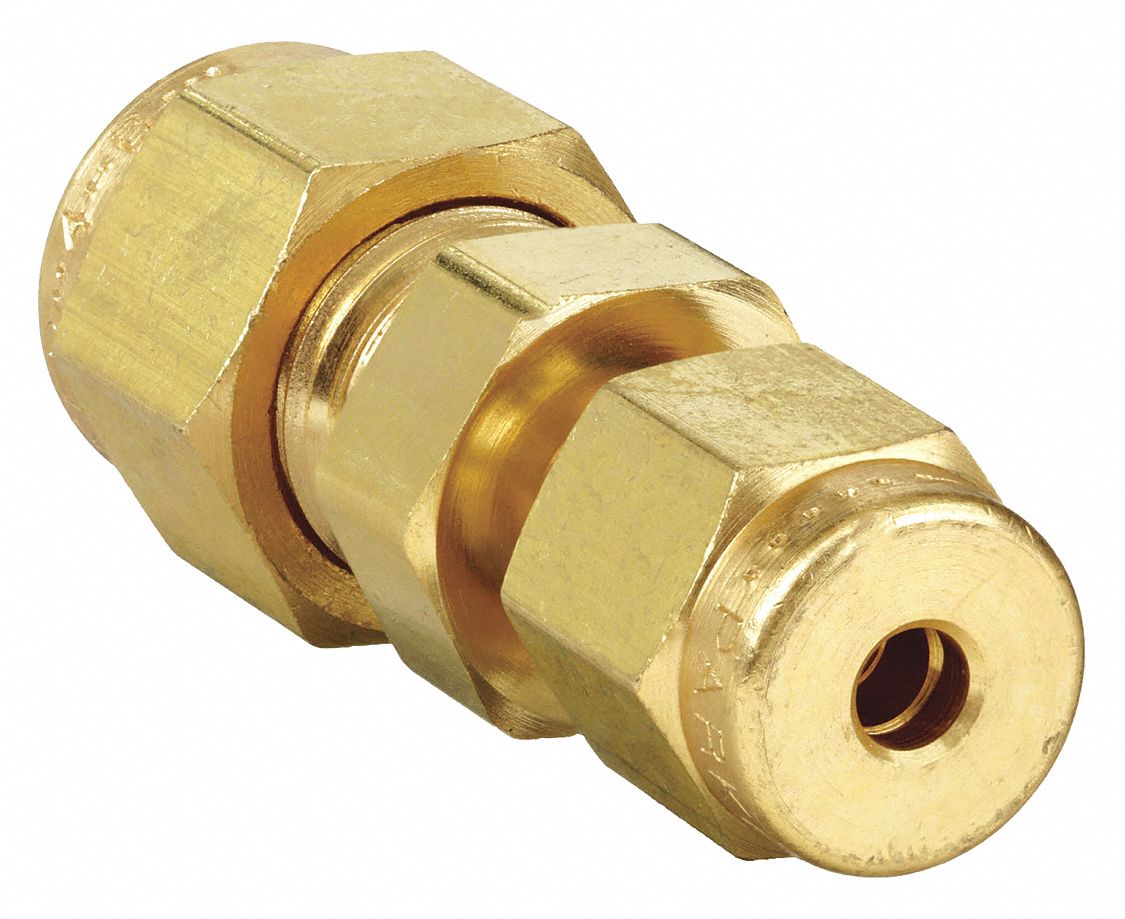 Compression Fitting Union: 1/4 in OD x 1/8 in OD Size, Compression x Compression, Brass