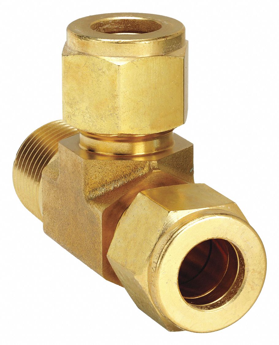 Compression Tee Fitting: 1/2 in OD x 1/2 in Pipe x 1/2 in OD Size, Brass, 1/2"-14 Thread Size