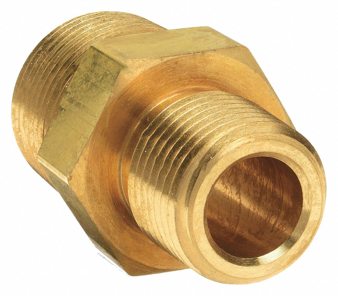Hex Nipple: Brass, 3/4 in x 1/2 in Fitting Pipe Size, Male NPT x Male NPT, 1 15/16 in Overall Lg