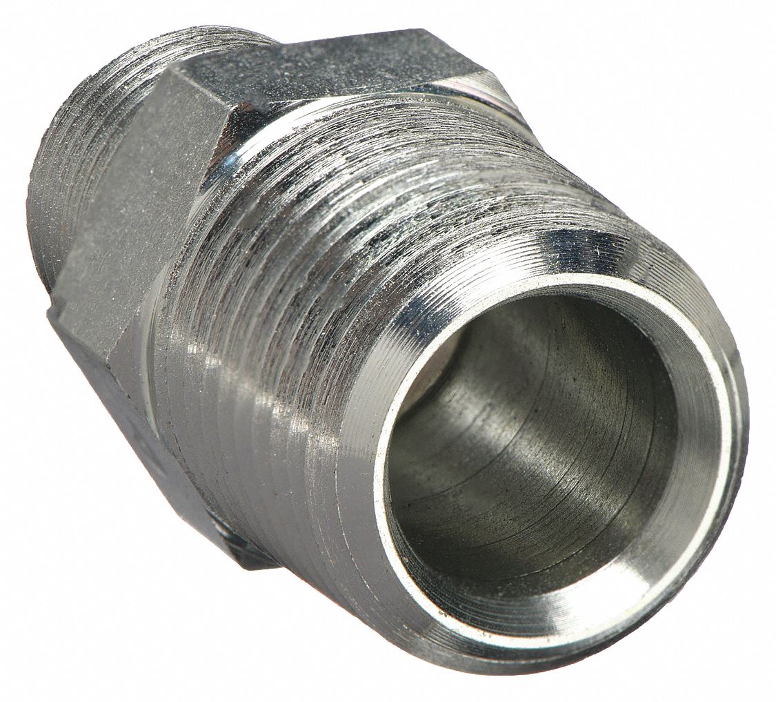 Hex Nipple: Carbon Steel, 1/2 in x 3/8 in Fitting Pipe Size, Male NPT x Male NPT, 1 11/16 in Lg