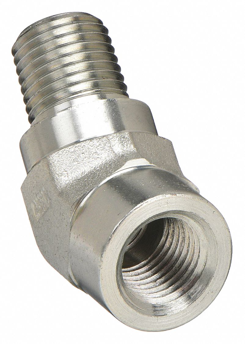 45° Street Elbow: Carbon Steel, 1/4 in x 1/4 in Fitting Pipe Size, Male NPT x Female NPT