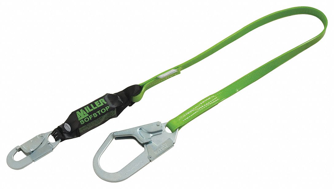 Shock-Absorbing Lanyard: Shock Pack, Liquid Repellent, Steel Rebar Hook, Steel Snap Hook