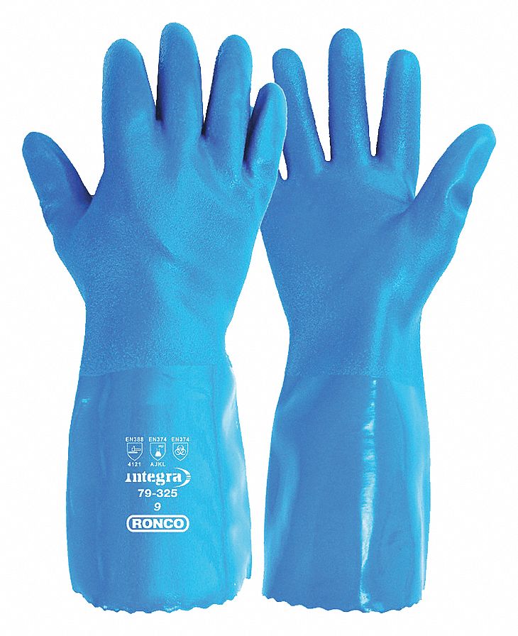 CHEMICAL-RESISTANT GLOVES, LINED, GAUNTLET STYLE, SZ L/9, 12 IN L/13 GA THICK, BL, PVC/COTTON