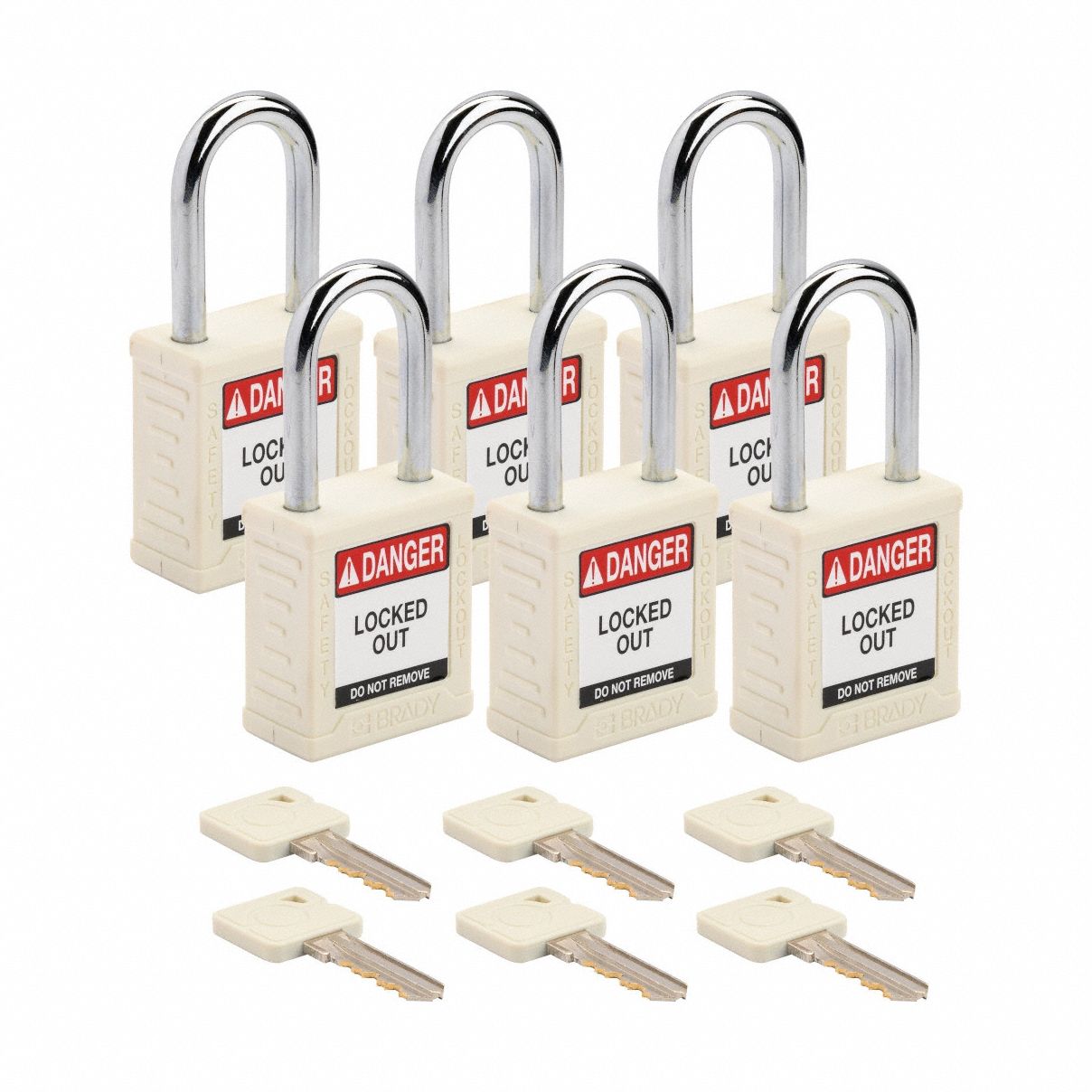 Lockout Padlock: Keyed Alike, Nylon, Std Body Body Size, Steel, Std, White, 6 Pack Size, BRADY