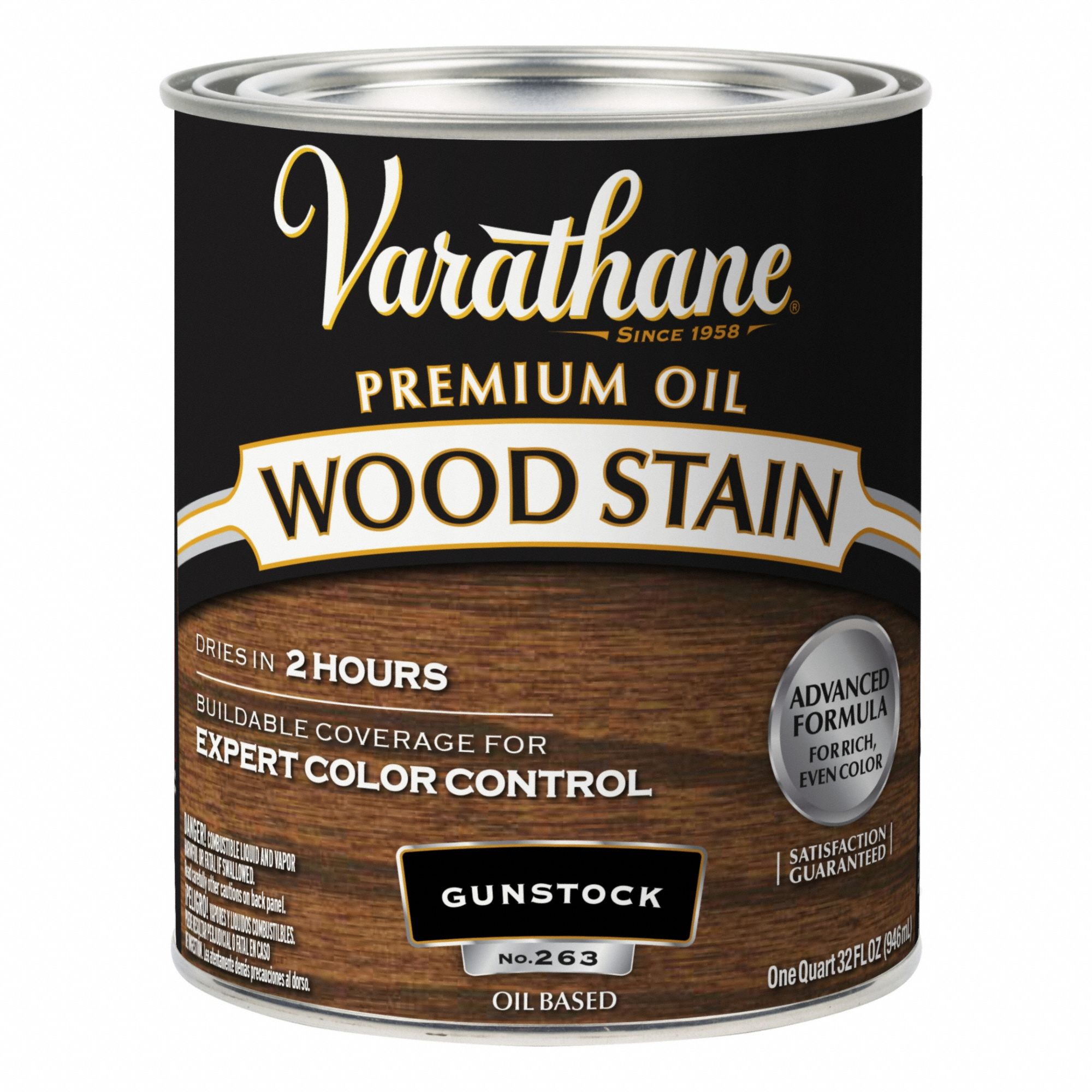 Wood Stain: Wood Stain, Interior, Oil, 1 qt Container Size, Wood, Satin, Gunstock, Premium