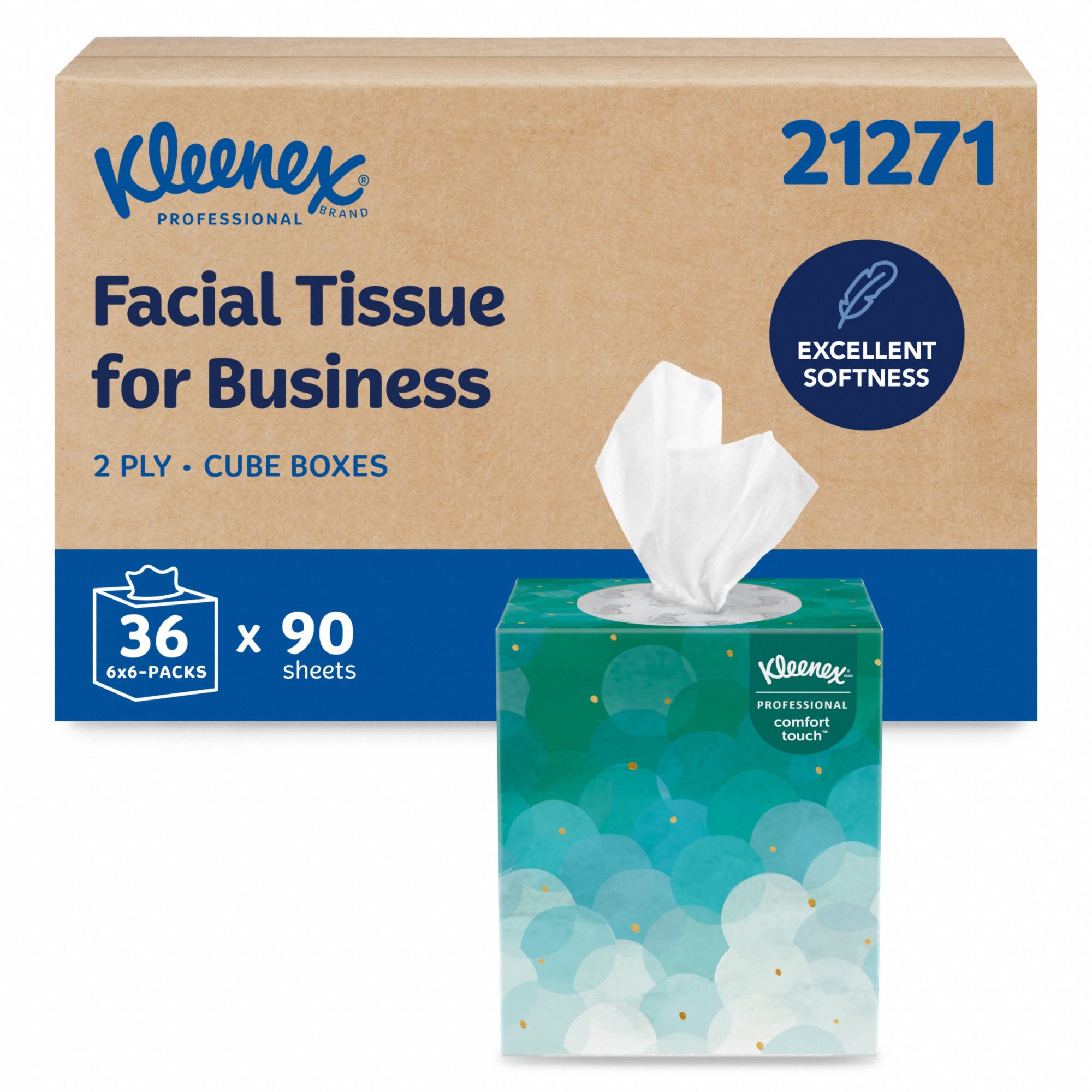 Facial Tissue: Cube, Kleenex® Professional, 7 3/4 in x 8 1/4 in Sheet Size, 90 Sheets, 36 PK