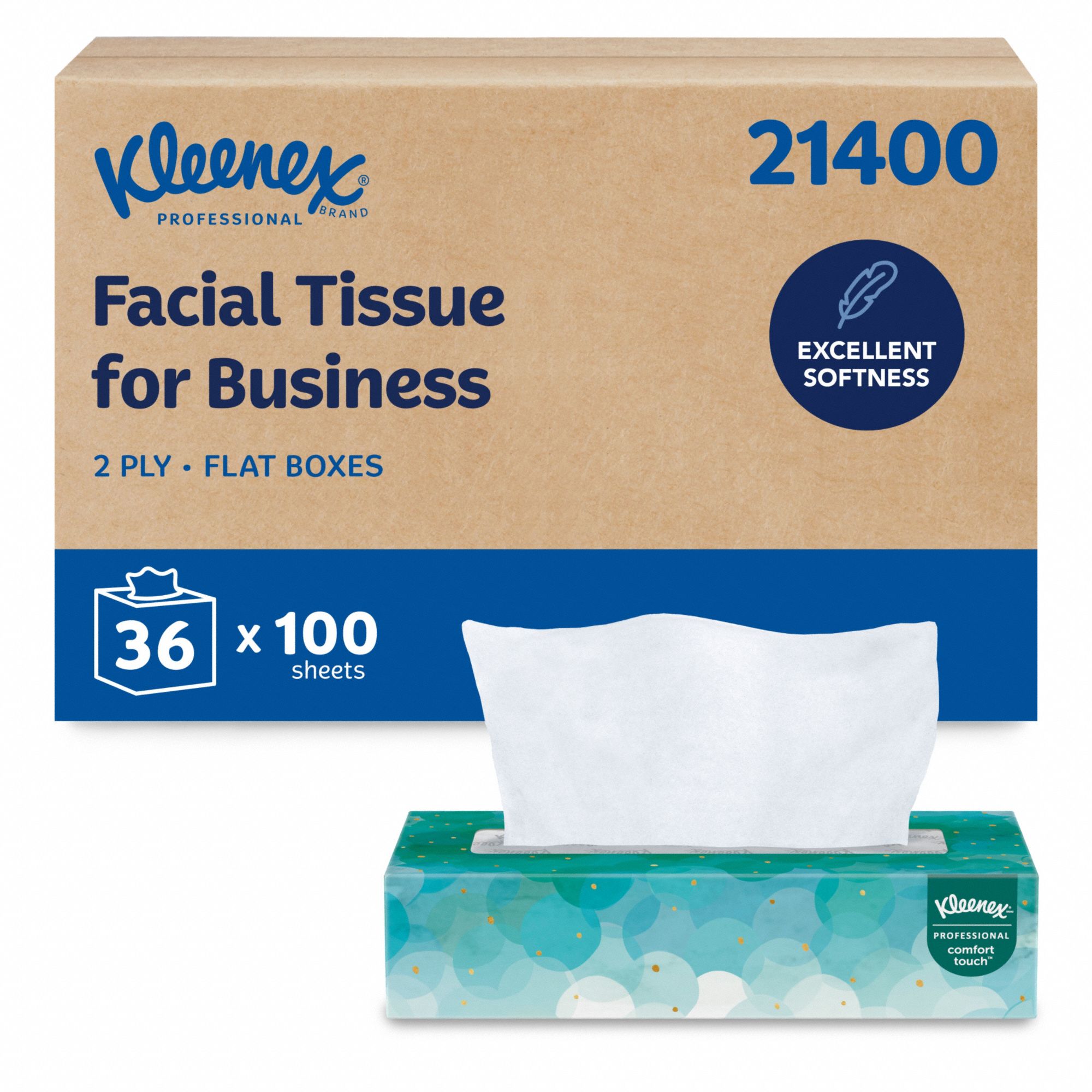 Facial Tissue: Flat, Kleenex® Comfort Touch, 7 3/4 in x 8 1/4 in Sheet Size, 2 Ply, 36 PK