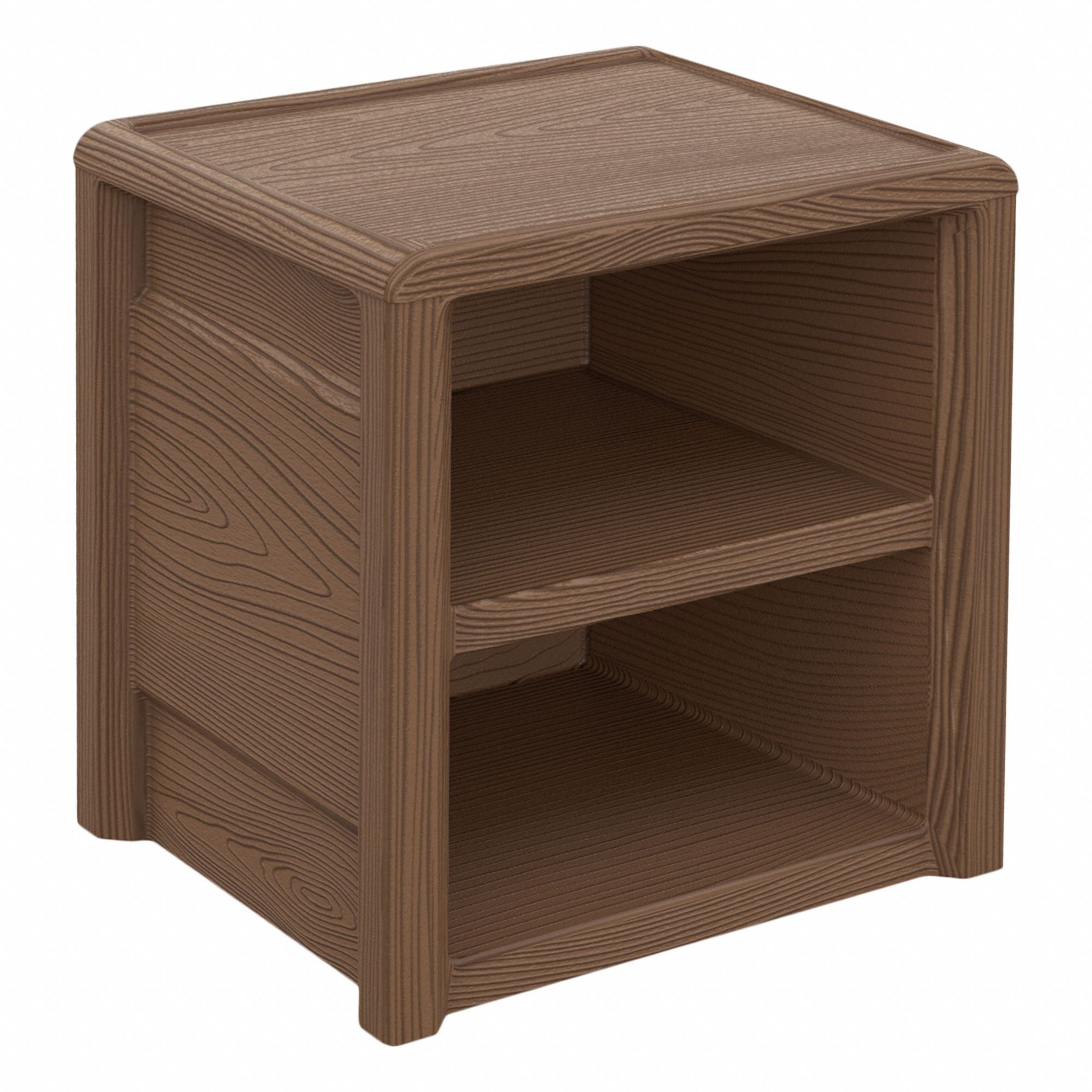 Nightstand: Walnut, 22 in Overall Ht, 21 1/2 in Overall Wd, 17 1/2 in Overall Dp, 2 Shelves