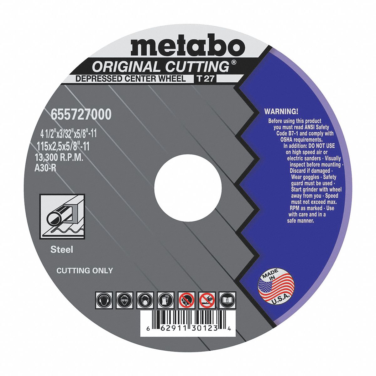 Cutting Wheel, T27, A30R, 4.5X3/32"X5/8"-11