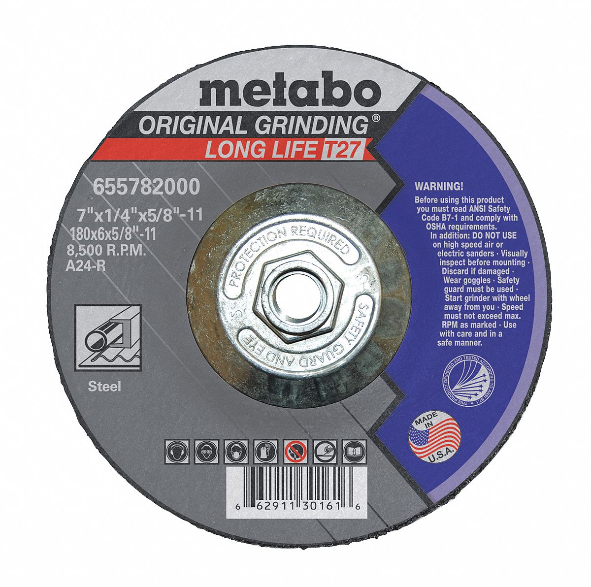 METABO, Grinding Wheel,T27,A24R,7"X1/4"X5/8"11 215X36655782000