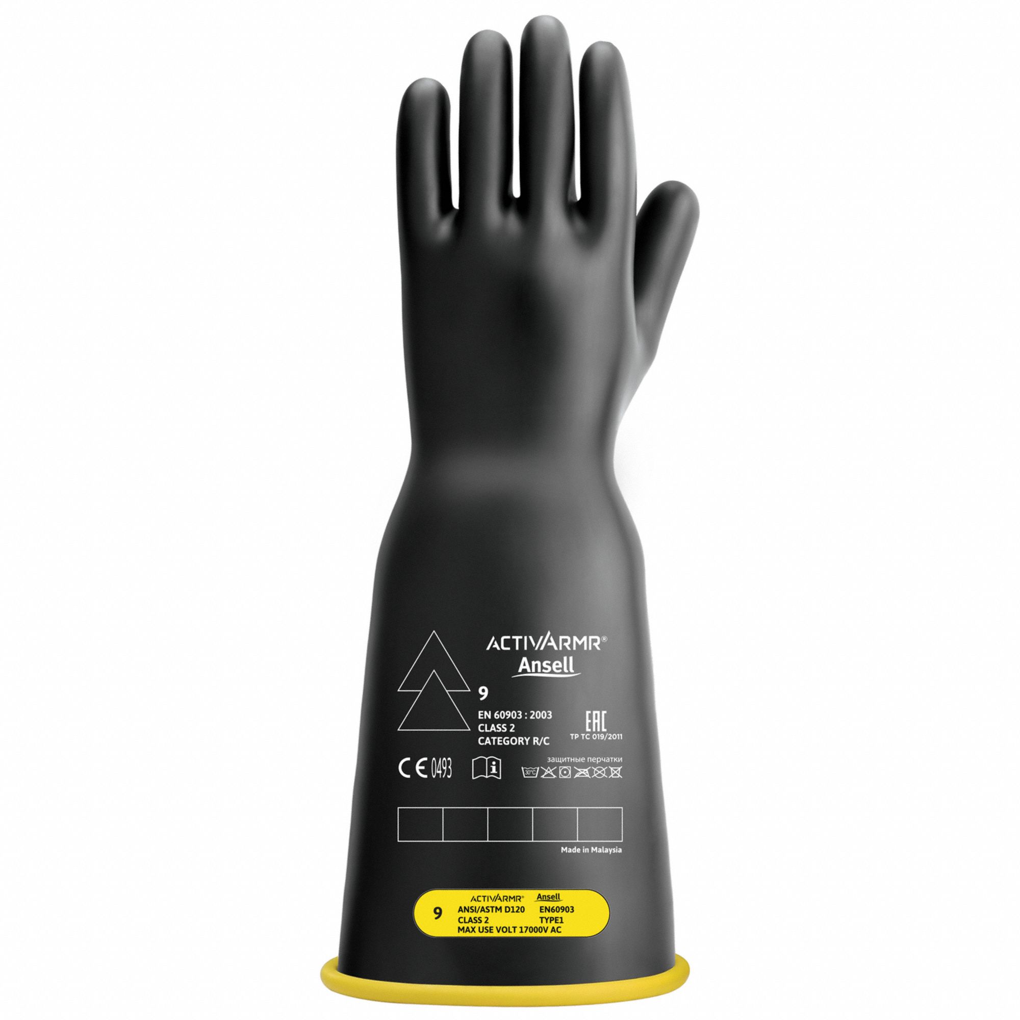 Electrical-Insulating Gloves: 17, 000V AC, 25, 000V DC, Black/Yellow, 16 in Glove Lg, 1 PR