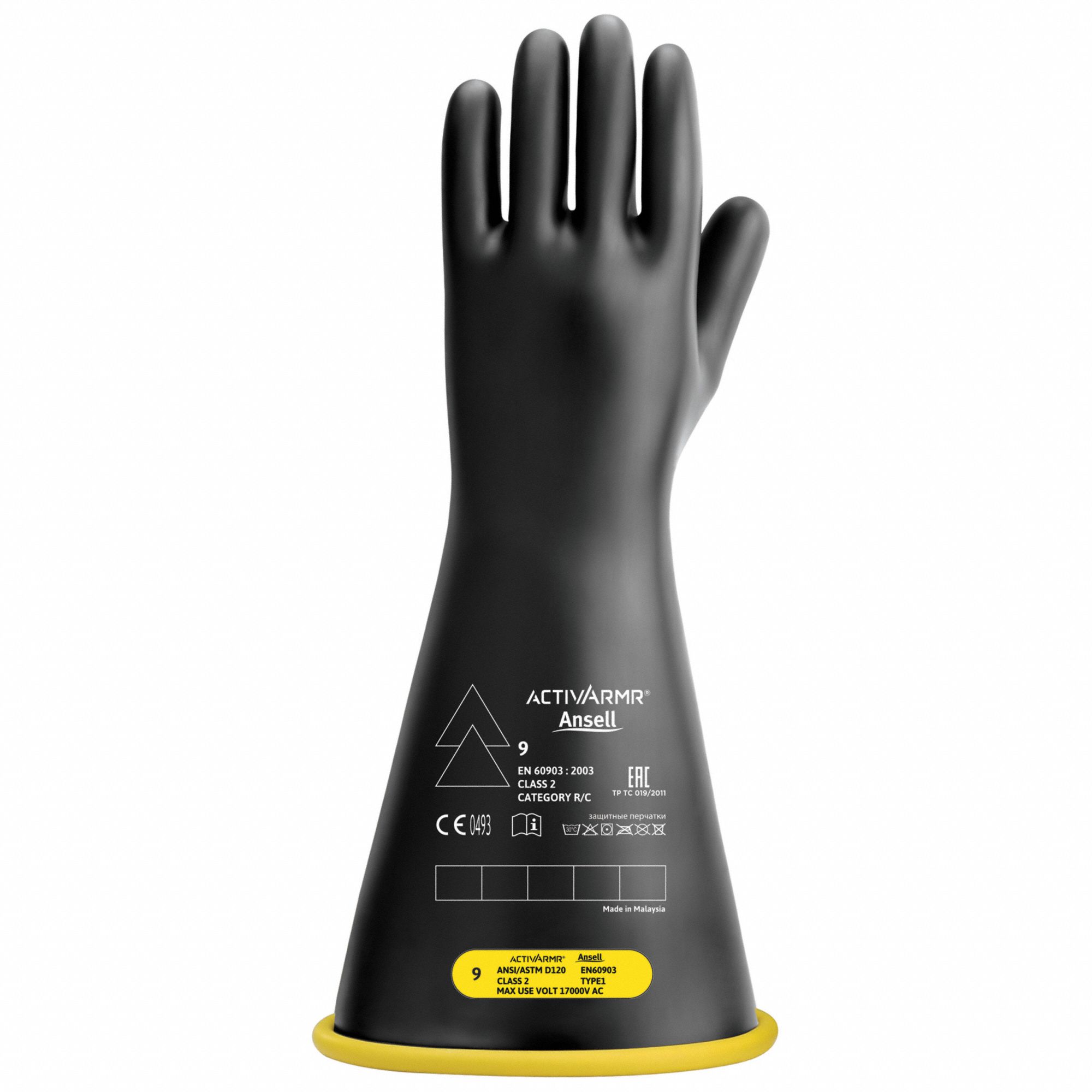 Electrical-Insulating Gloves: 17, 000V AC, 25, 000V DC, Black/Yellow, 16 in Glove Lg, 1 PR