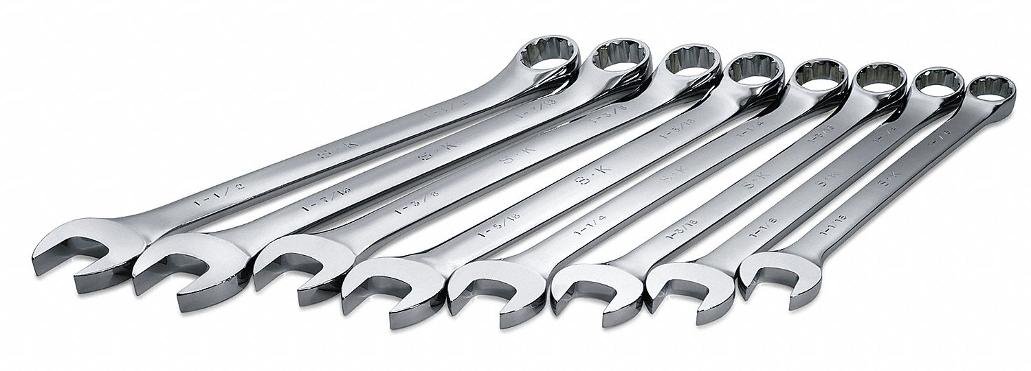 COMBINATION WRENCH SET, ALLOY STEEL, CHROME, 8 TOOLS, 15 °  HEAD OFFSET ANGLE
