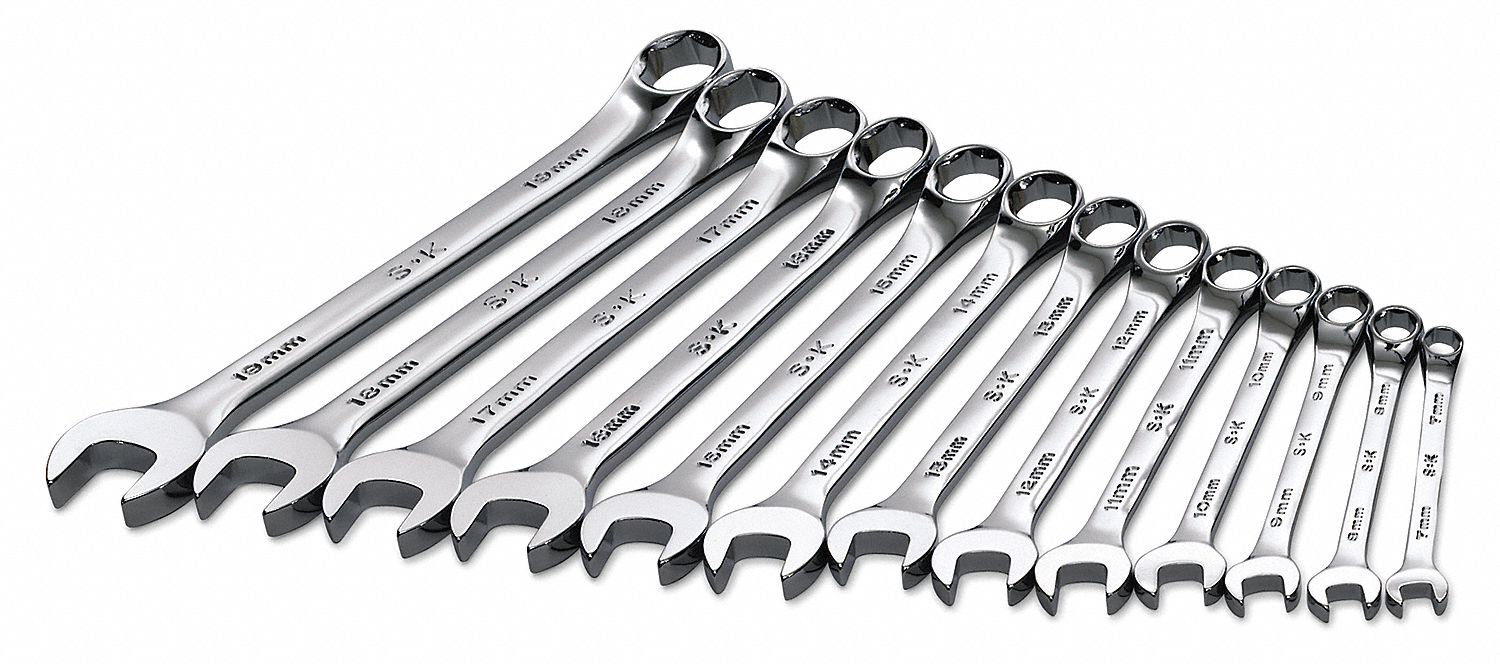 COMBINATION WRENCH SET, ALLOY STEEL, CHROME, 13 TOOLS, 15 &deg;  HEAD OFFSET ANGLE