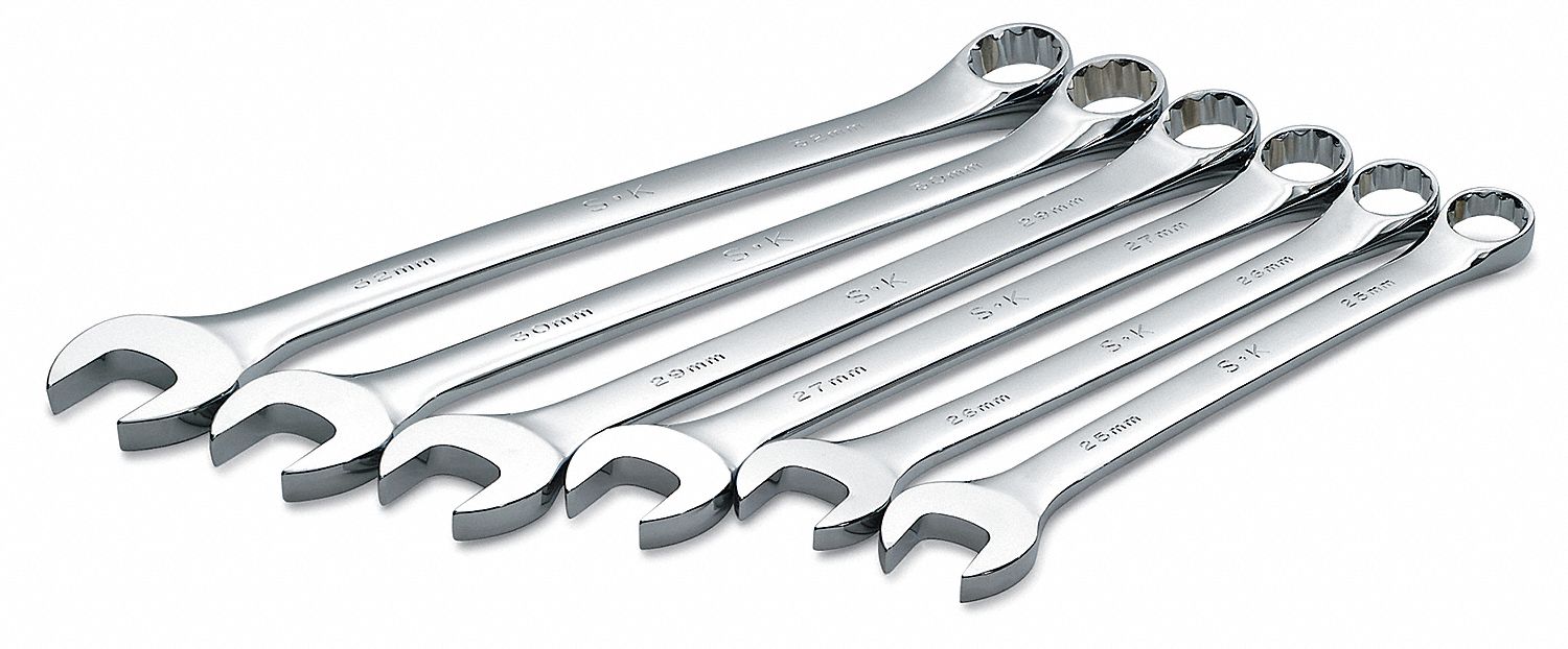 COMBINATION WRENCH SET, ALLOY STEEL, CHROME, 6 TOOLS, 15 &deg;  HEAD OFFSET ANGLE