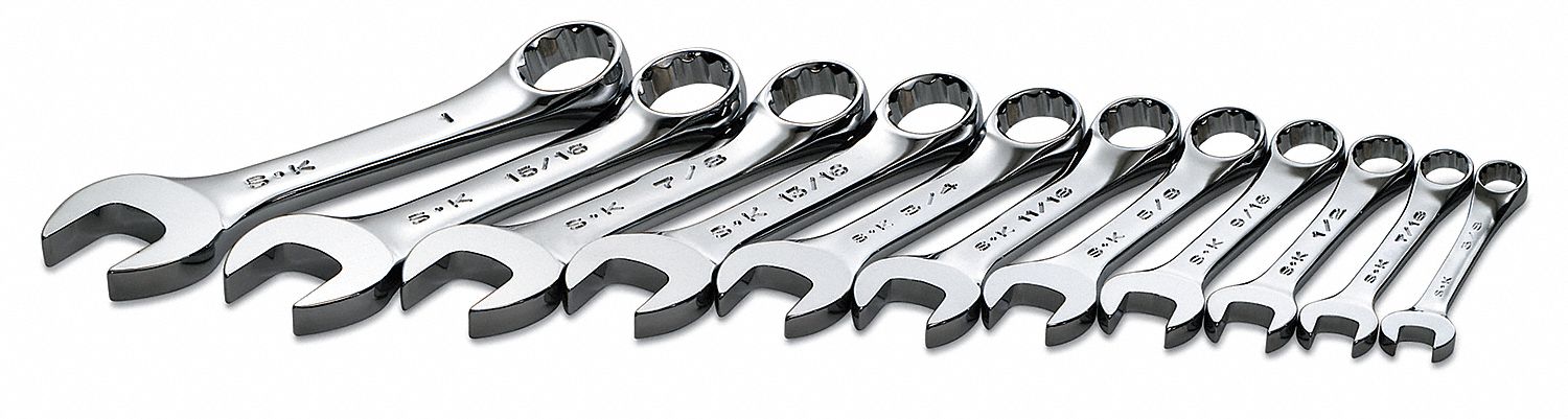 COMBINATION WRENCH SET, ALLOY STEEL, CHROME, 11 TOOLS, 15 °  HEAD OFFSET ANGLE