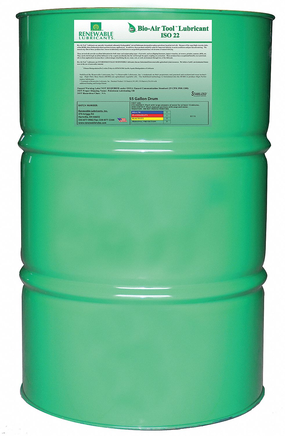 RENEWABLE LUBRICANTS Air Tool Lubricant, Synthetic Base Oil, 55 gal