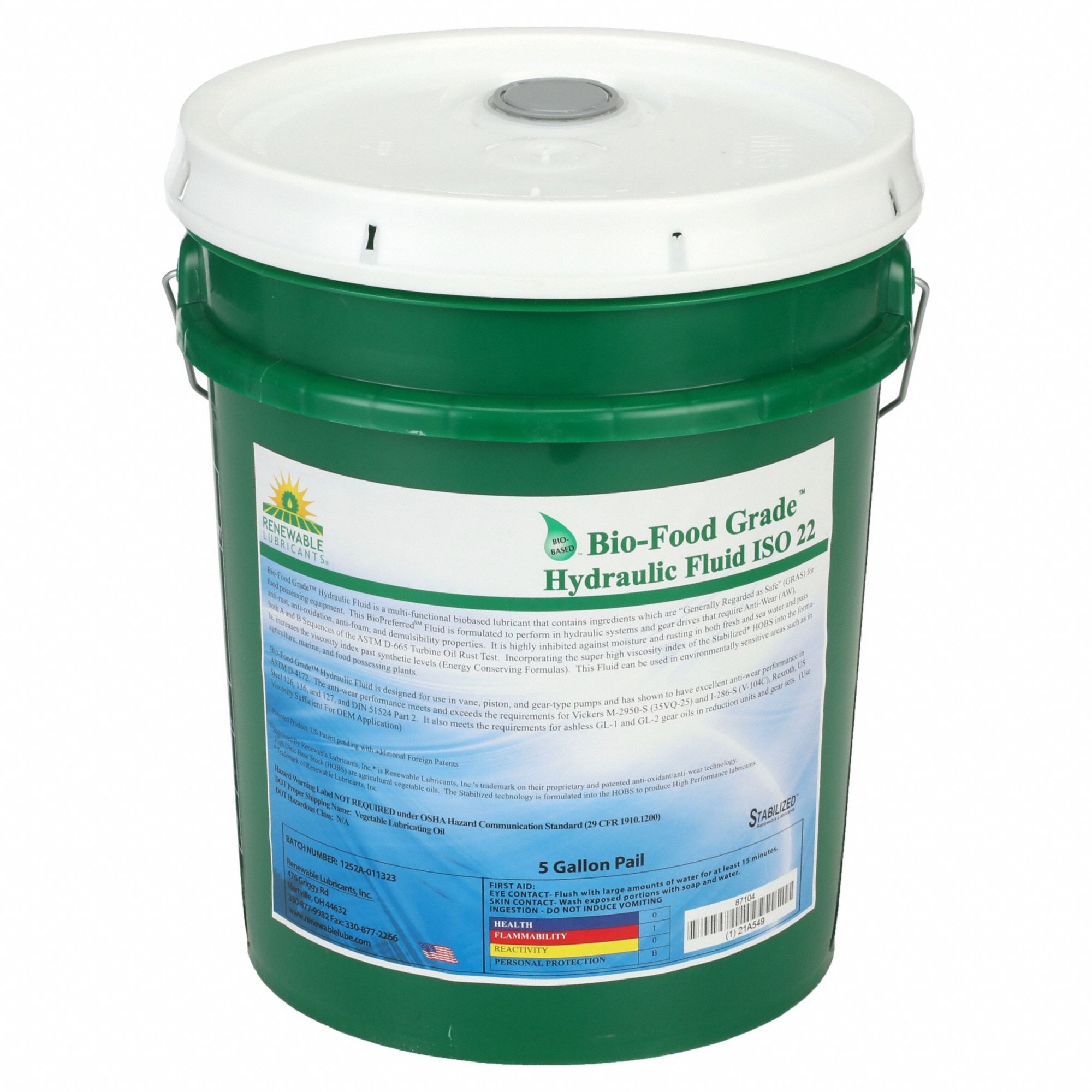 RENEWABLE LUBRICANTS, BioFood Grade, 5 gal, Hydraulic Oil 21A549