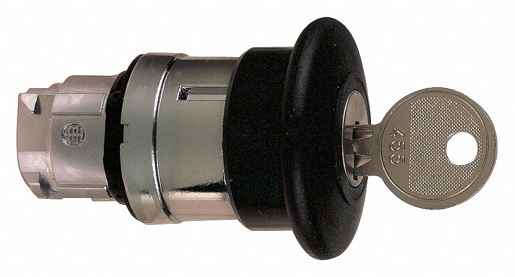 Mushroom Head Push Button: Black, 22 mm Mounting Size, Metallic, Maintained