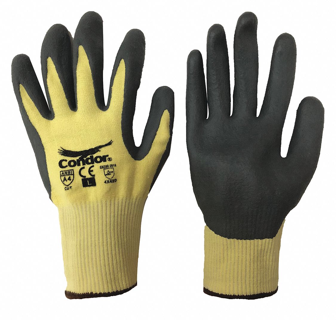 GANTS RÉSISTANT AUX COUPURES,G(9),ANSI NIVEAU DE COUPE A4,PAUME TREMPÉ,NITRILE,MOUSSE,JAUNE