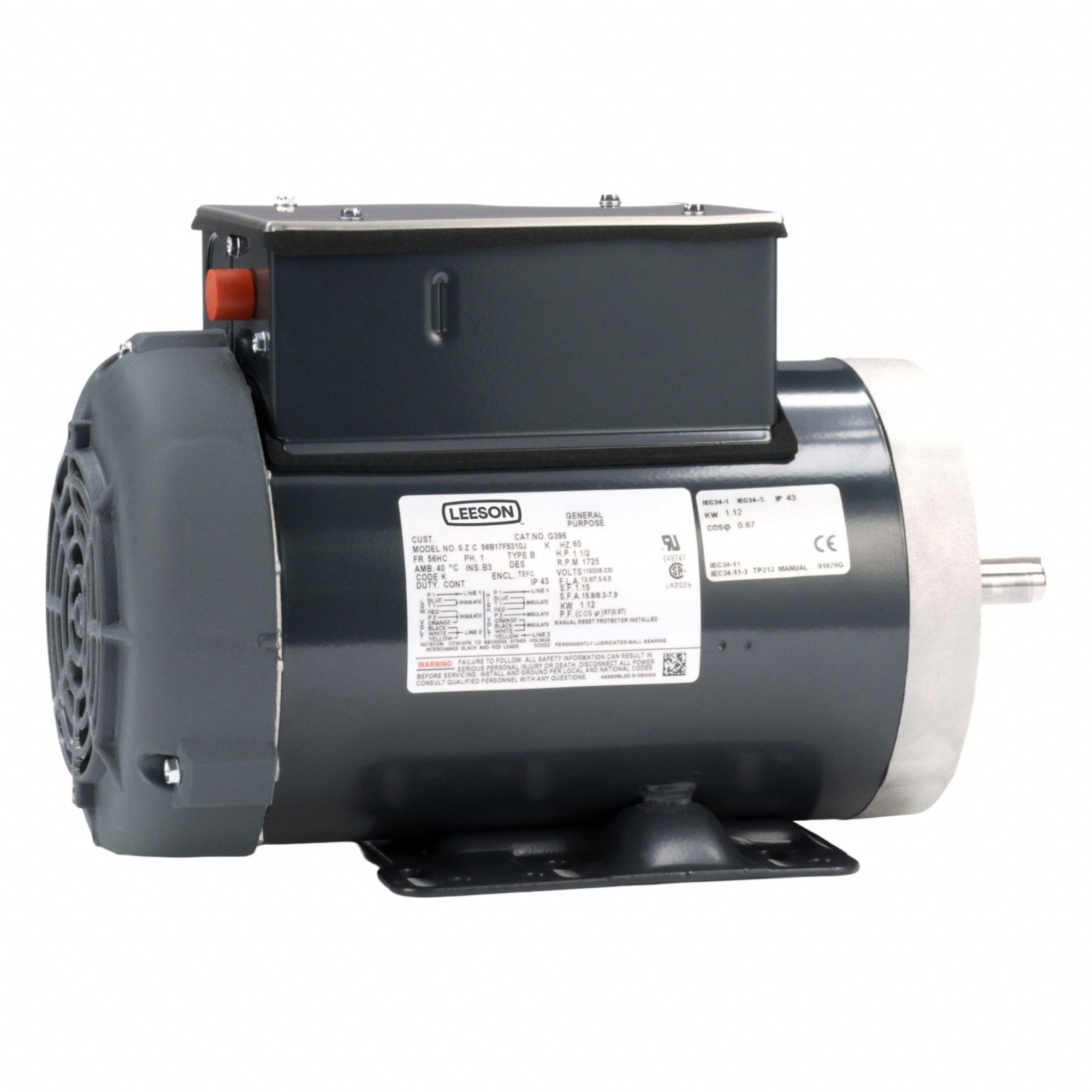 Pressure Washer Motor: 56HC Frame Size, C-Face/Rigid Base, Totally Enclosed Fan Cooled