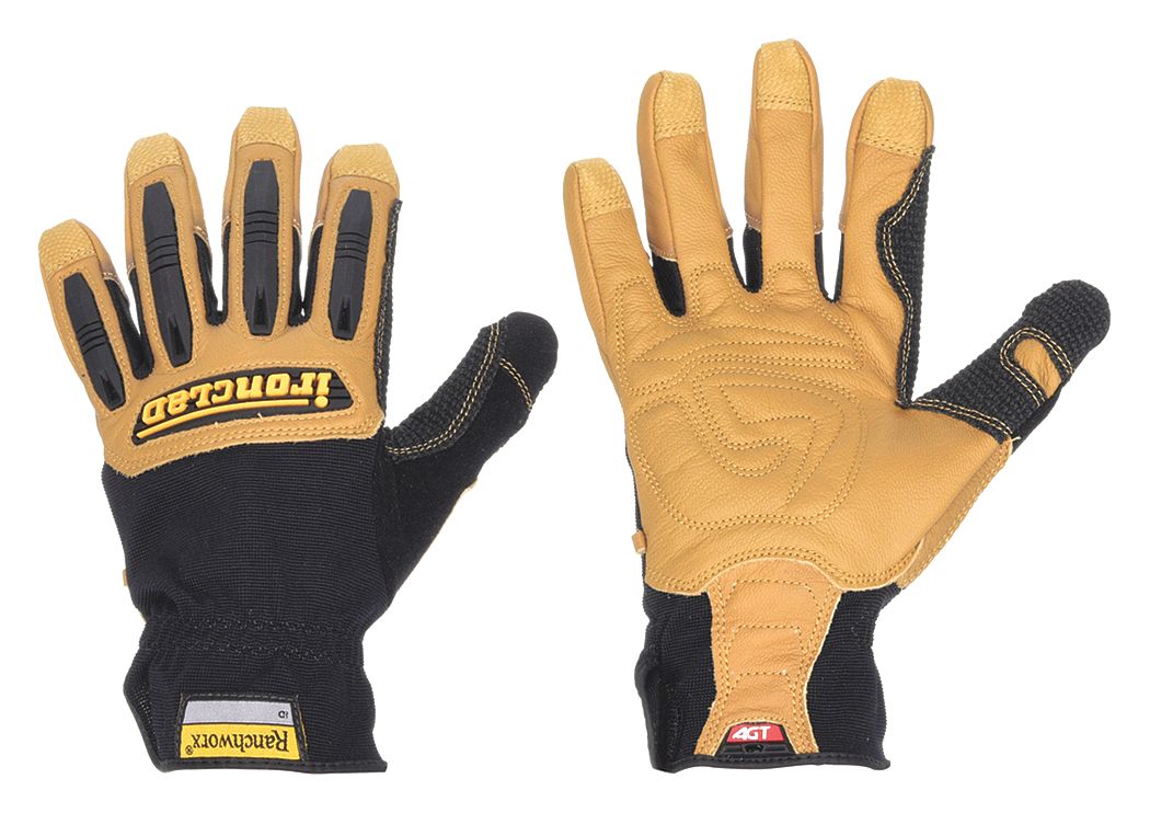 IRONCLAD Mechanics Gloves: L ( 9 ), Mechanics Glove, Full Finger, Goatskin,  TPR, Black/Tan, 1 PR