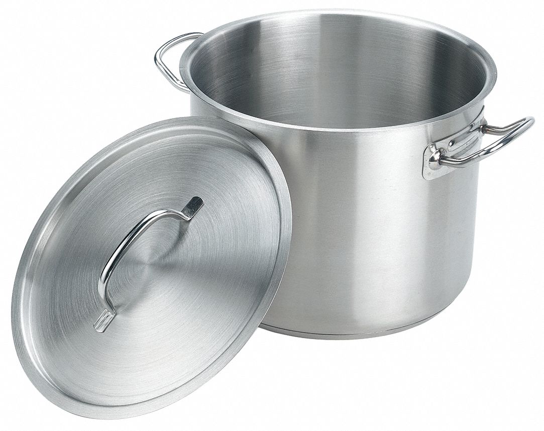Stock Pot w/Cover: 20 qt Capacity, 13 in Overall Lg, 13 1/2 in Overall Wd,  Stainless Steel