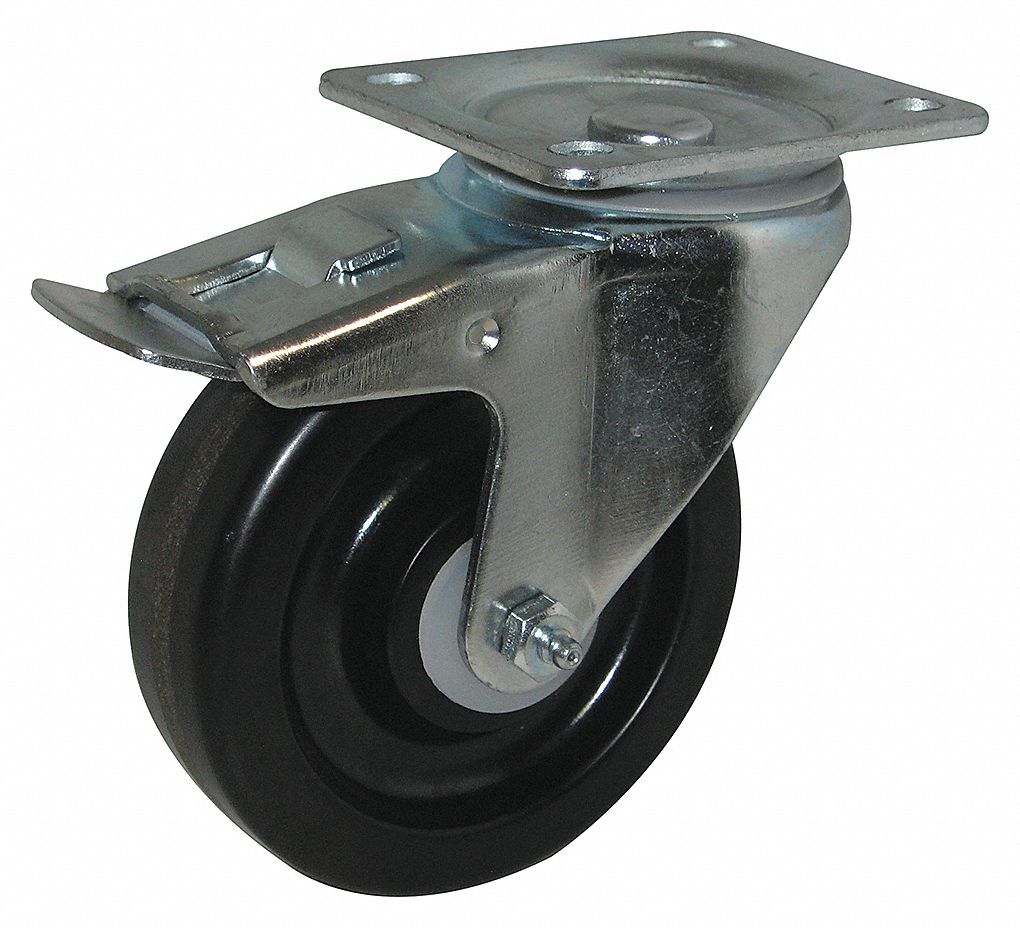 CASTER, SWIVEL, LOCK, LOAD 300 LBS, 4 1/8 X 3 3/8 IN, WHEEL 1 1/2 IN WIDTH X 4 IN DIA, PHENOLIC