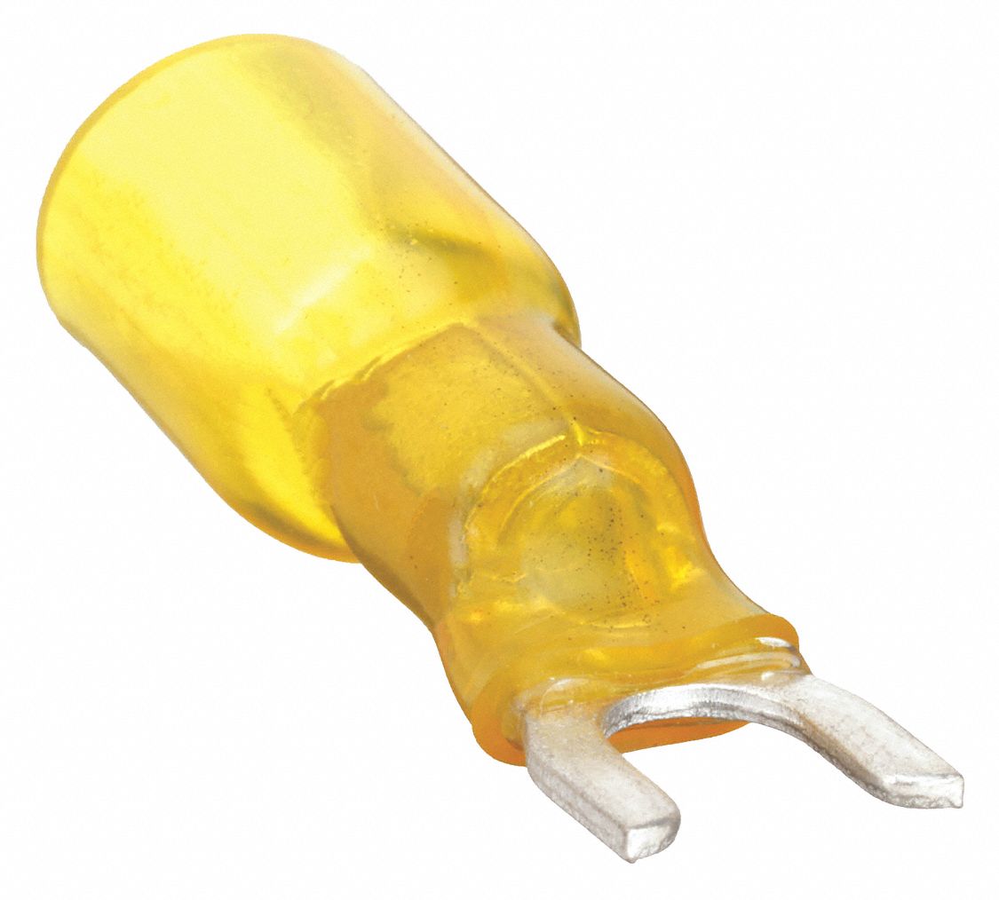 FORK TERMINAL, FULL COVERAGE, YELLOW, NYLON, ¼ IN STUD SIZE, 10 PK