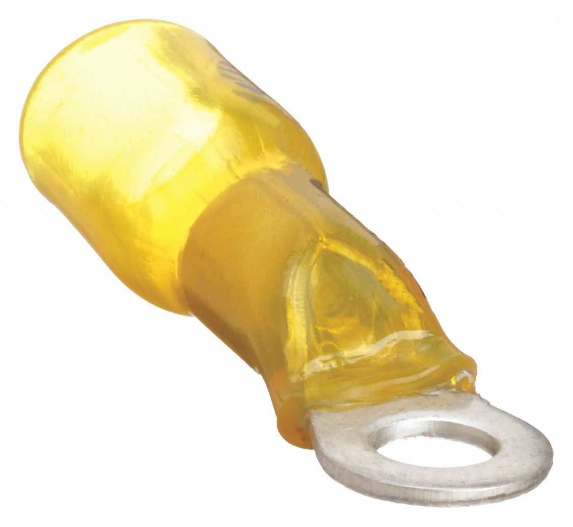 RING TERMINAL, HEAT SHRINK (POLYOLEFIN), YELLOW, #10 STUD SIZE, 10 PK