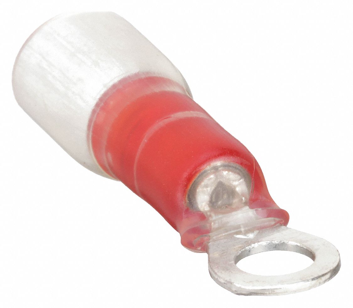 RING TERMINAL, NYLON, RED, #10 STUD SIZE, 22 AWG TO 18 AWG WIRE SIZE RANGE, 10 PK