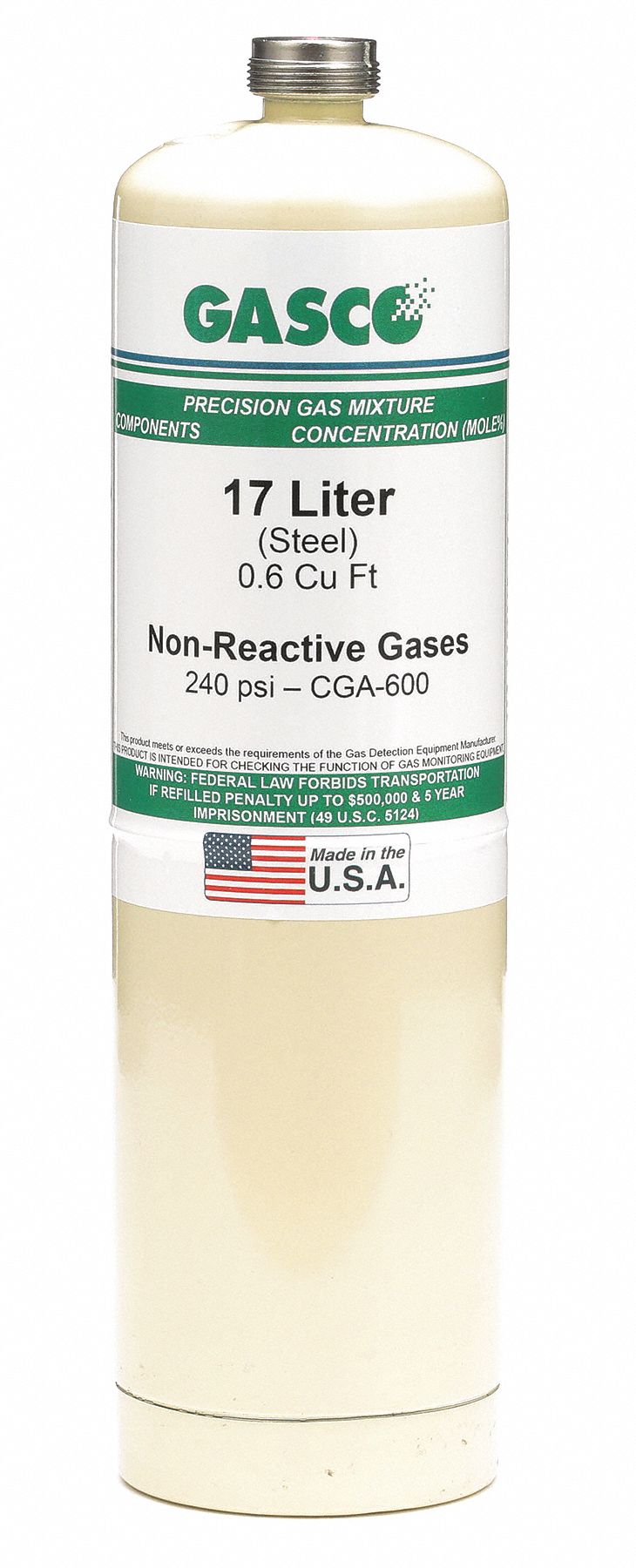 GASCO Zero Air Calibration Gas, 17 L Cylinder Capacity 21EC4917L1