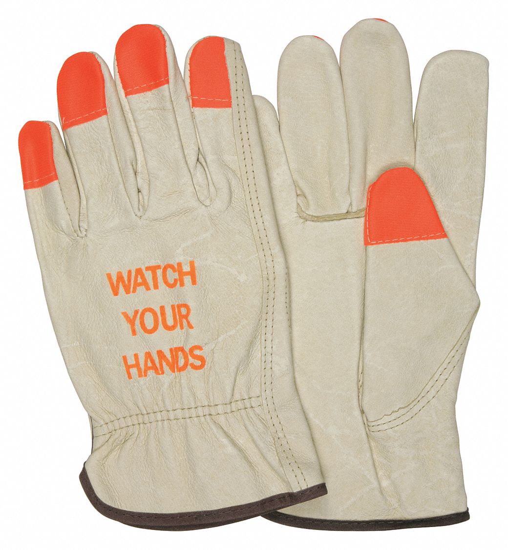 Leather Gloves: L ( 9 ), Pigskin, Premium, Glove, Full Finger, Unlined, 12 PK