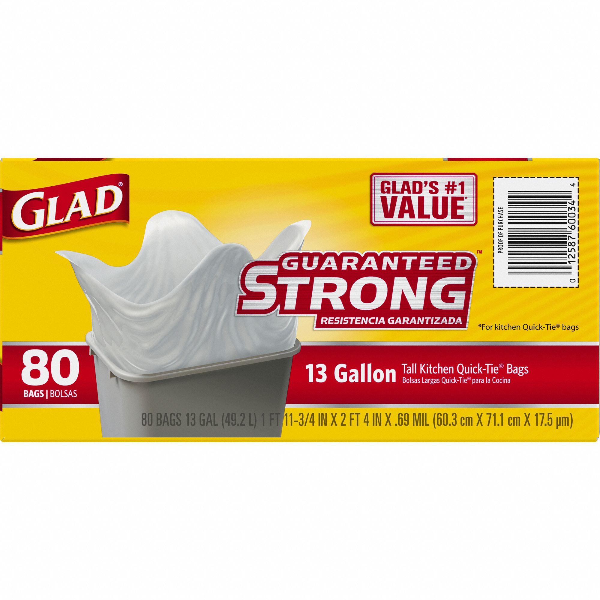 Glad 60034 Tall Kitchen Trash Bag, 13 gal, LLDPE, White