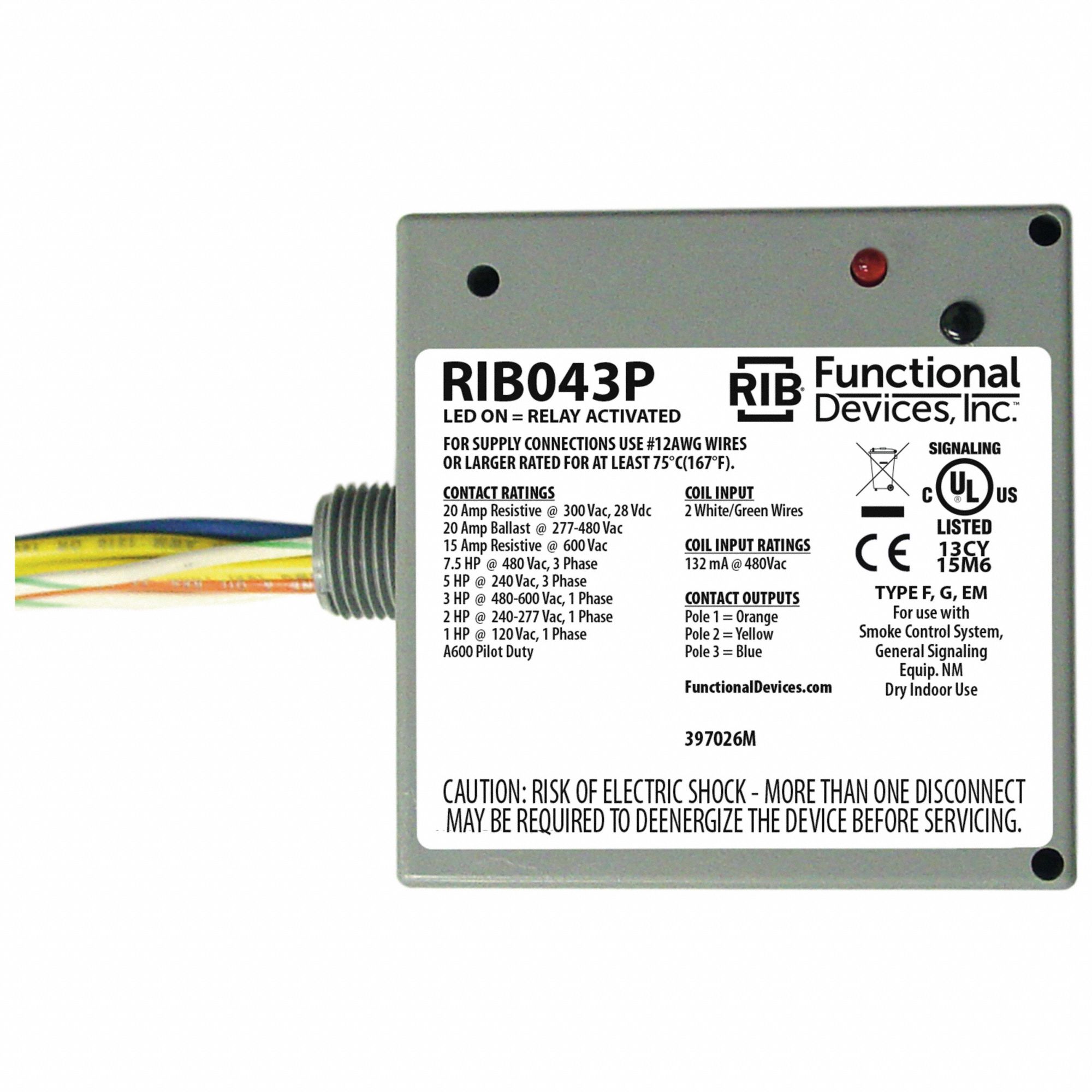 ENCLOSED PRE-WIRED RELAY, 20 A RATING, 480V AC, 3PST-NO, ½ IN NPT NIPPLE