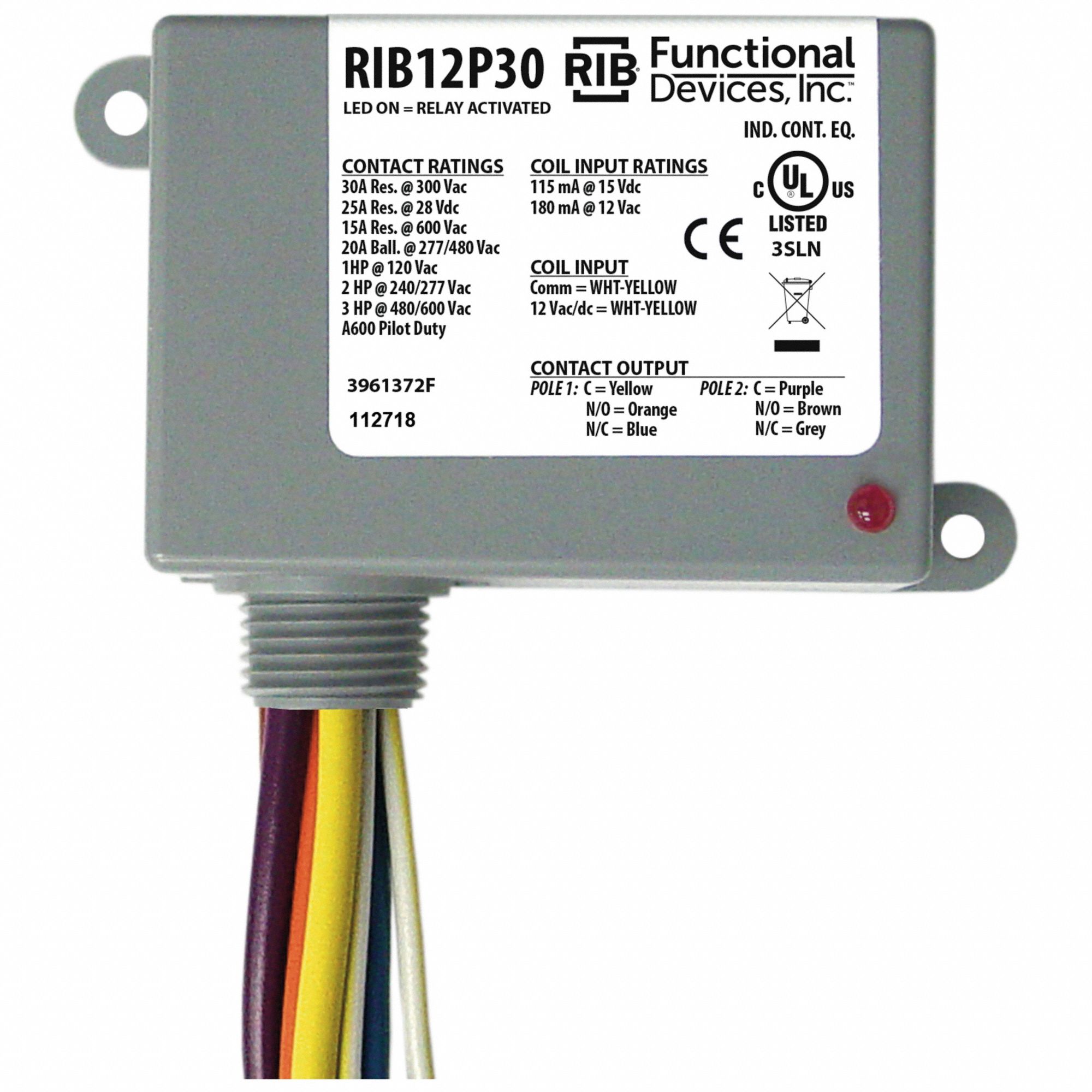 ENCLOSED PRE-WIRED RELAY, 30 A RATING, 12V AC/DC, DPDT, ¾ IN NPT NIPPLE