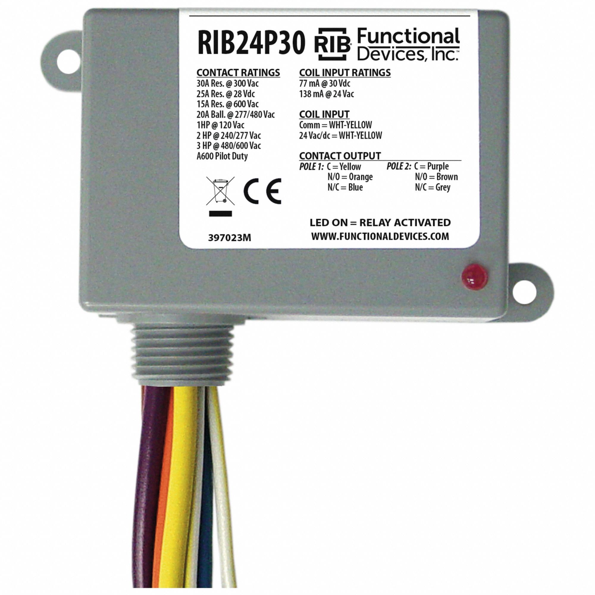 ENCLOSED PRE-WIRED RELAY, 30 A RATING, 24V AC/DC, DPDT, ¾ IN NPT NIPPLE